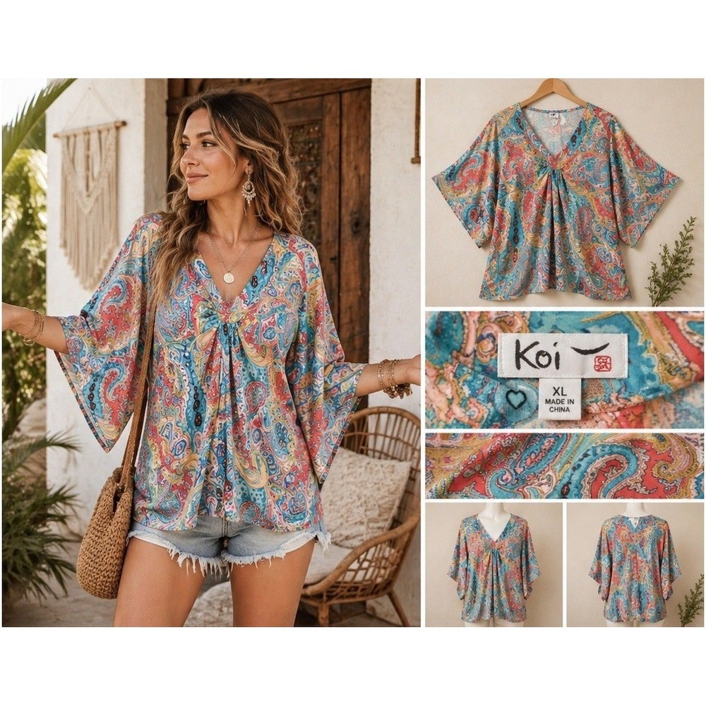 Koi Paisley Tunic Top Womens XL Blue Coral Excellent Kimono‎ Sleeve Boho V-Neck
